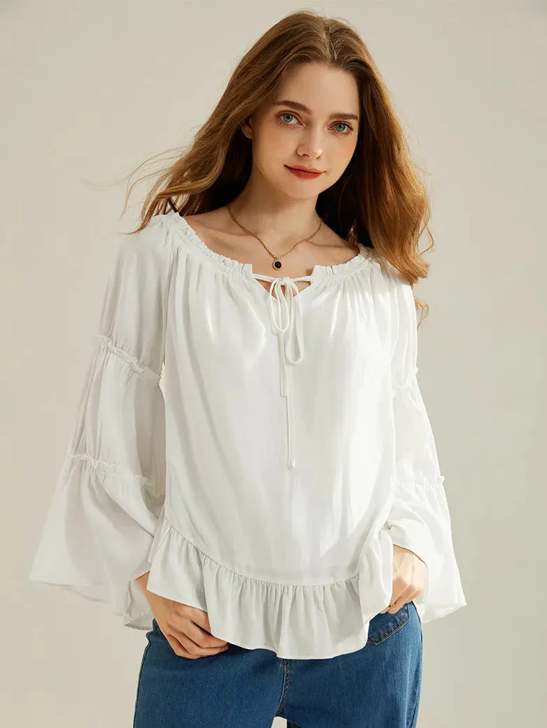 Renaissance Off Shoulder Tops Bell Sleeve Ruffled Hem Tops