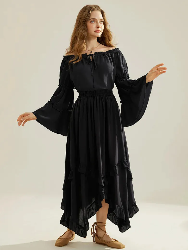 Renaissance Off Shoulder Tops Bell Sleeve Ruffled Hem Tops