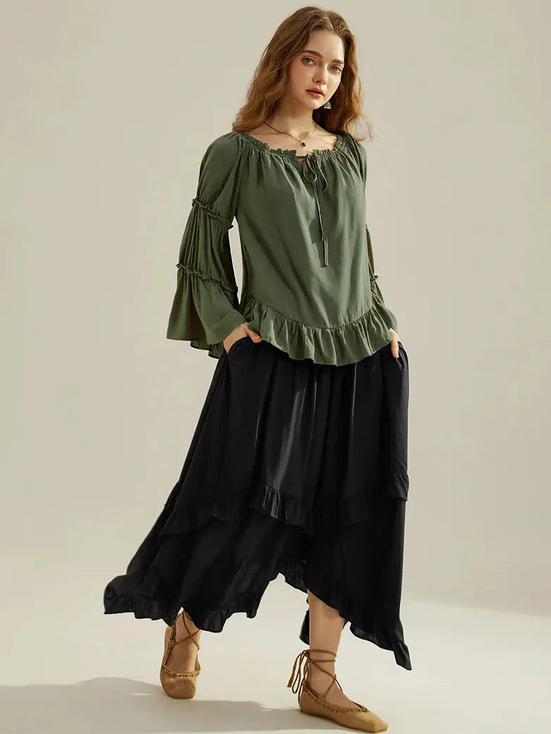 Renaissance Off Shoulder Tops Bell Sleeve Ruffled Hem Tops