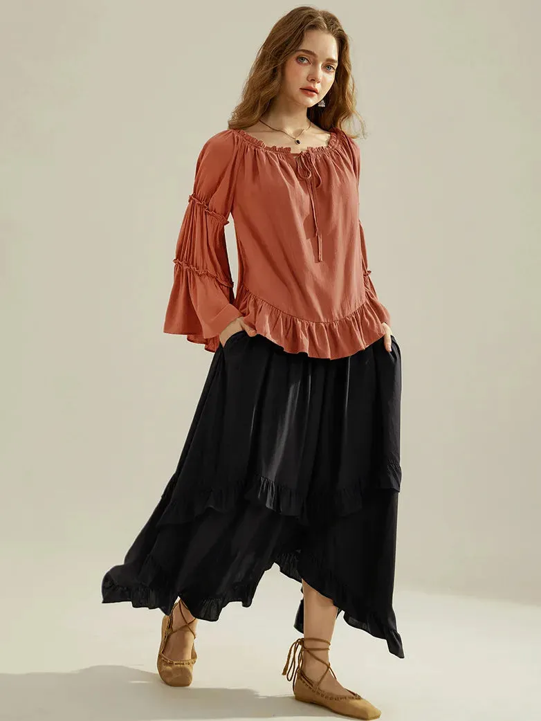 Renaissance Off Shoulder Tops Bell Sleeve Ruffled Hem Tops