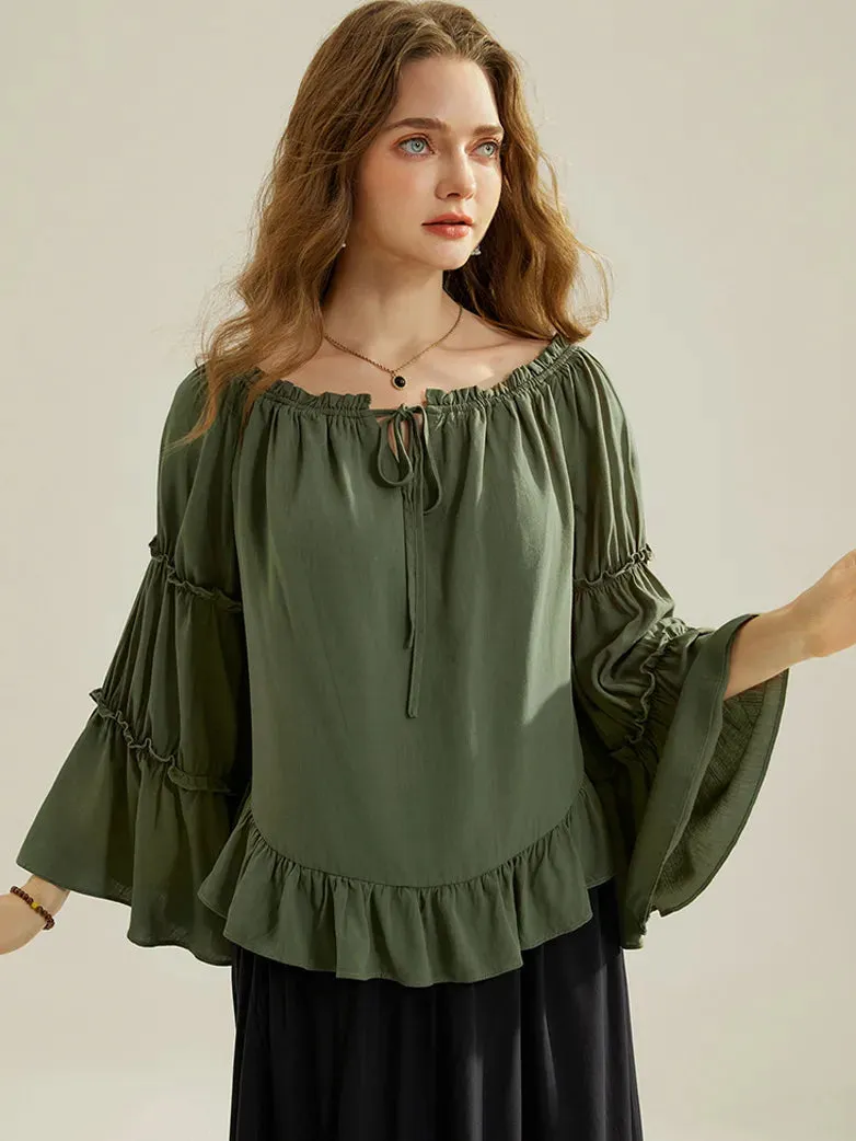 Renaissance Off Shoulder Tops Bell Sleeve Ruffled Hem Tops