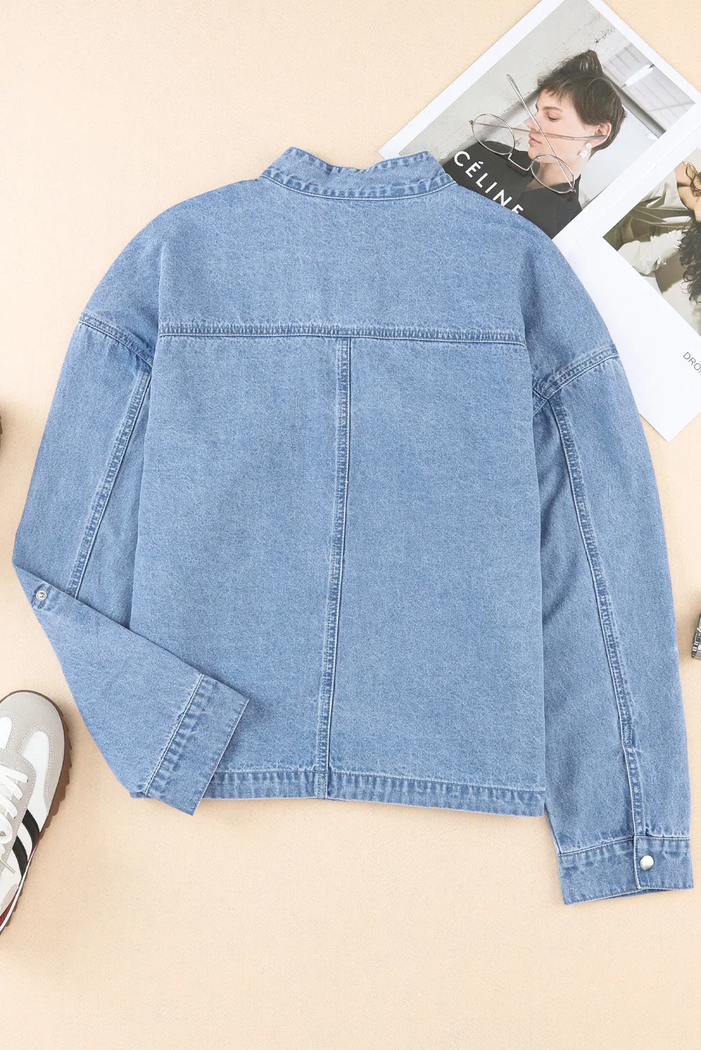 Roll-Up Tab Sleeve Button Down Pocket Denim Jacket