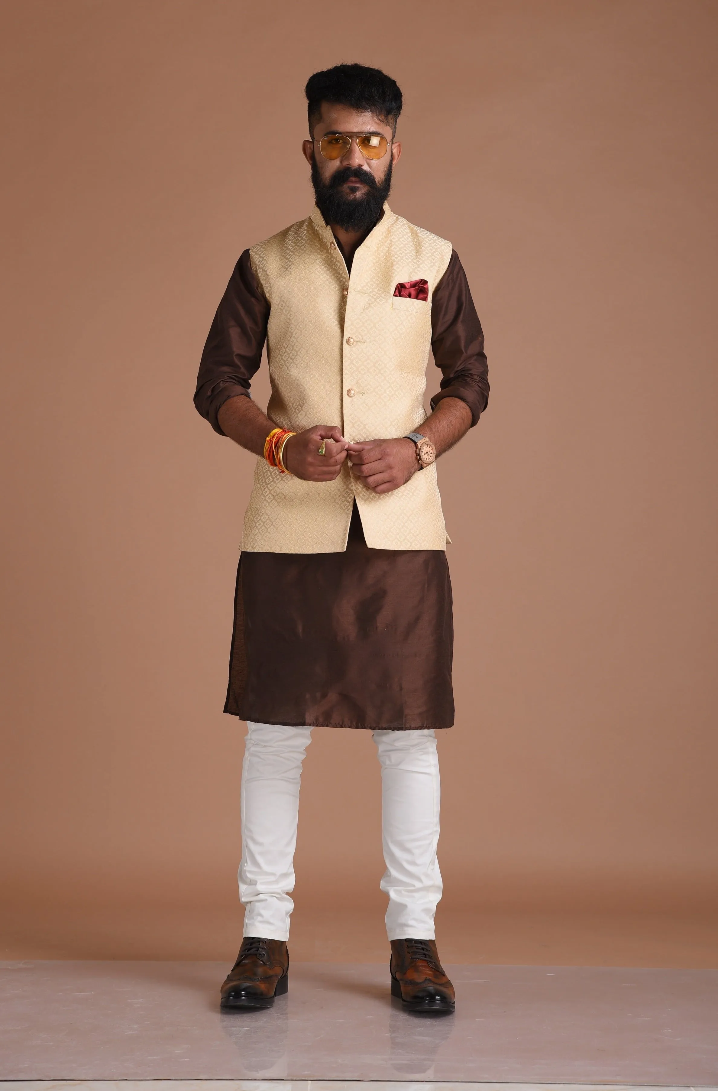 Self Design Brocade Silk Half Jodhpuri Jacket With Kurta Pajama Set