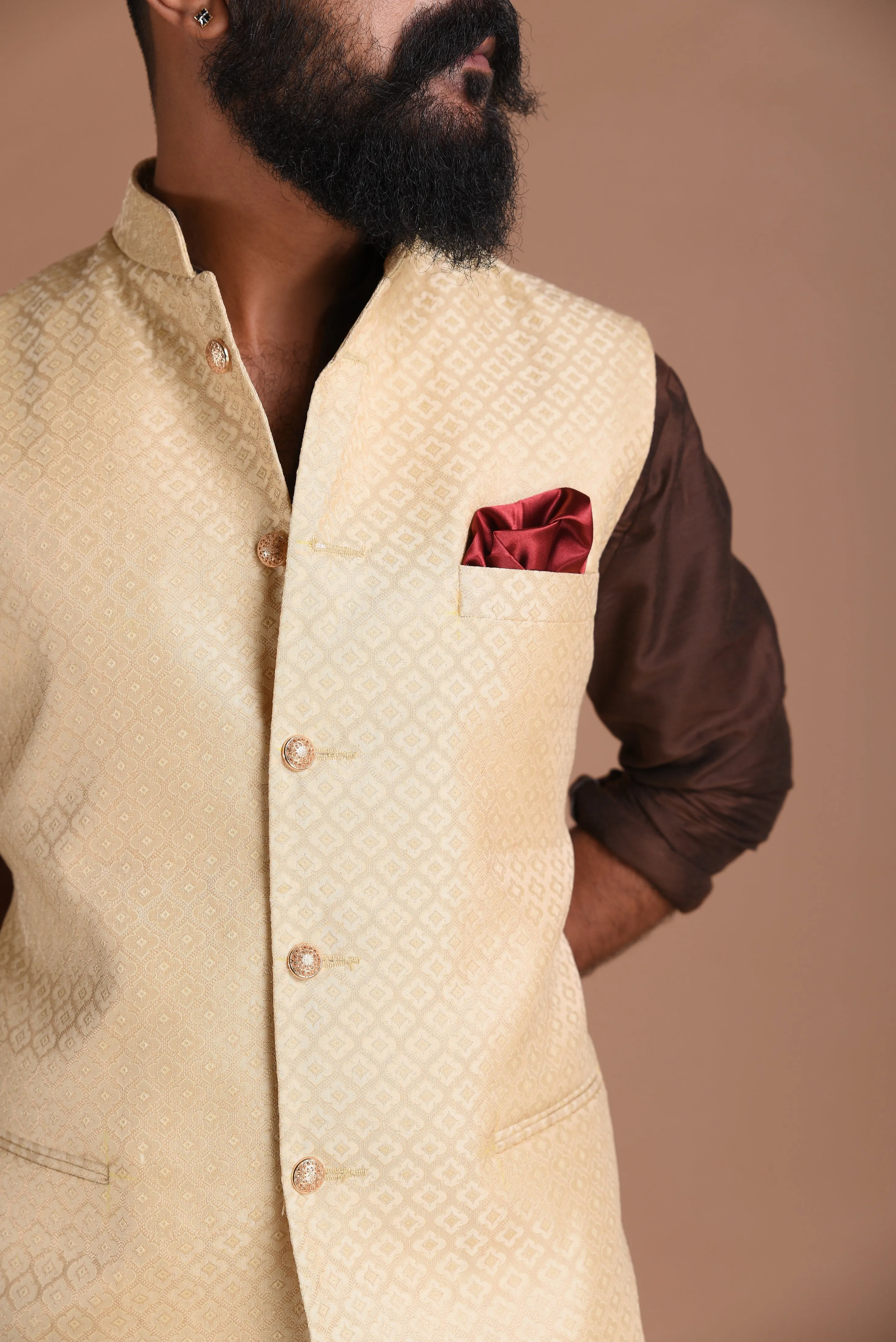 Self Design Brocade Silk Half Jodhpuri Jacket With Kurta Pajama Set