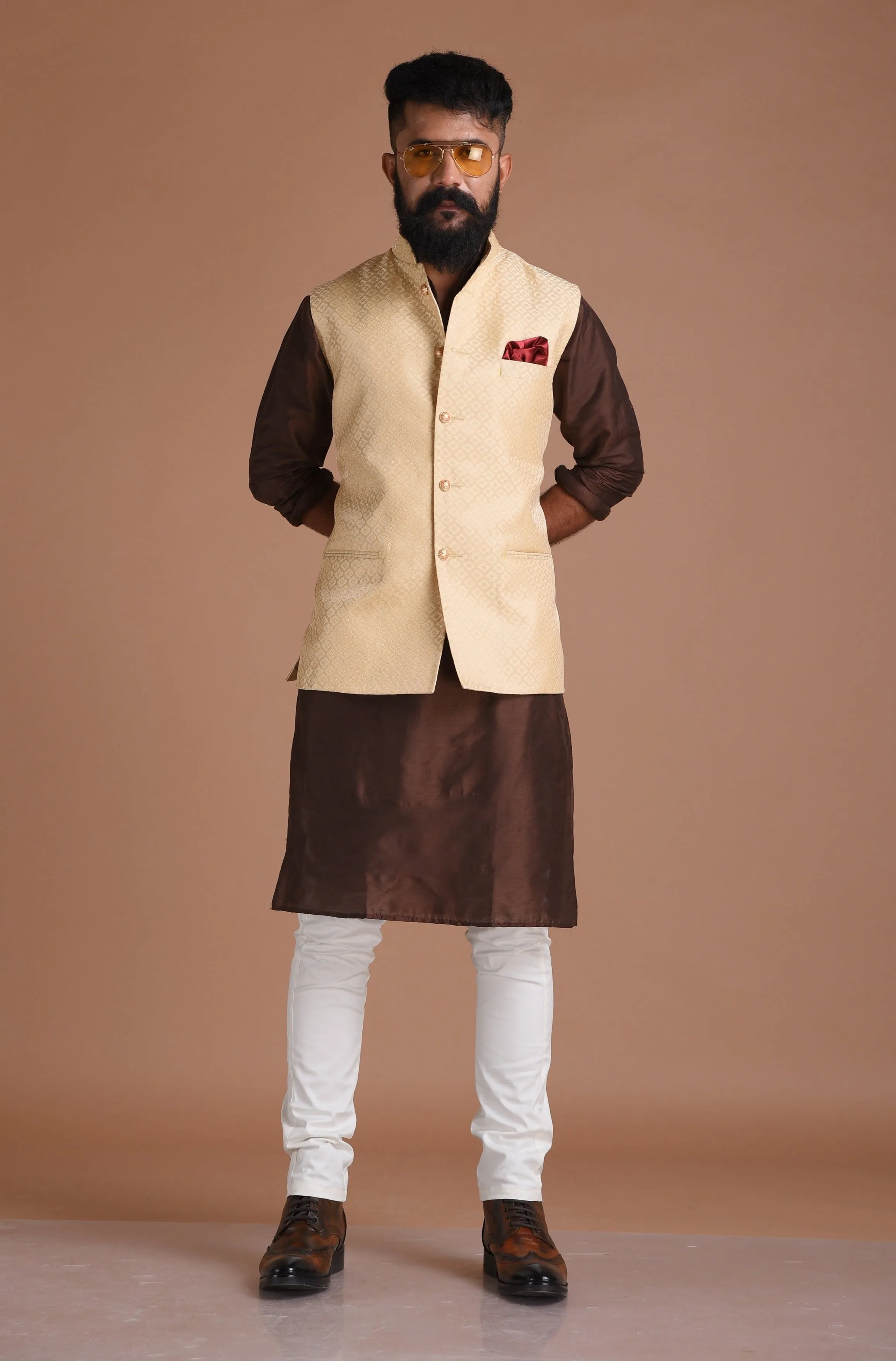 Self Design Brocade Silk Half Jodhpuri Jacket With Kurta Pajama Set