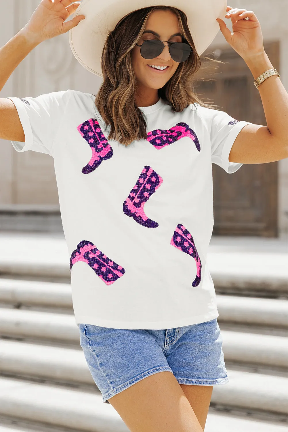 Sequin Western Boots Round Neck T Shirt