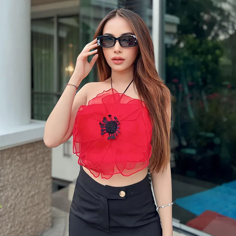 Sexy Hanging Neck Sleeveless Floral Tops Wholesale Womens Tops