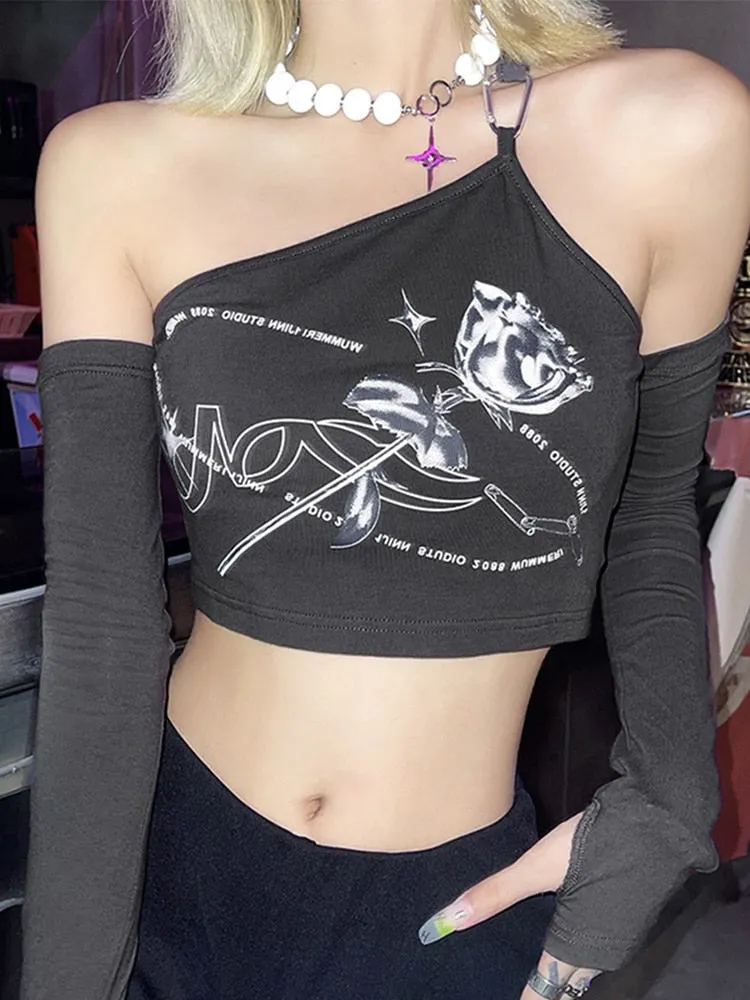 Sexy Top Women New Year 2022 Anime Graphic T Shirts Long Sleeve Crop Top Off Shoulder Graphic Tee Slim Streetwear Y2K Clothes