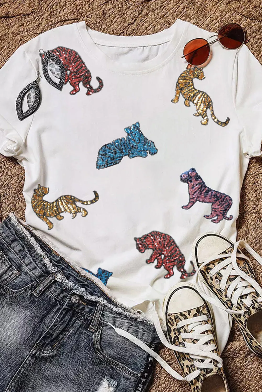 Shiny Tiger Patch Graphic Summer T-shirt