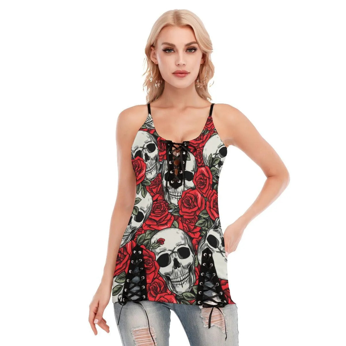 Skull Pattern Rose Gothic Eyelet Lace-up Letter Dress