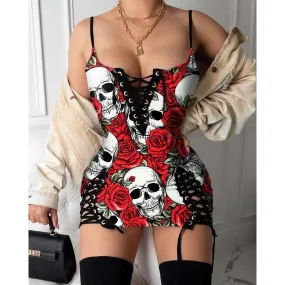 Skull Pattern Rose Gothic Eyelet Lace-up Letter Dress