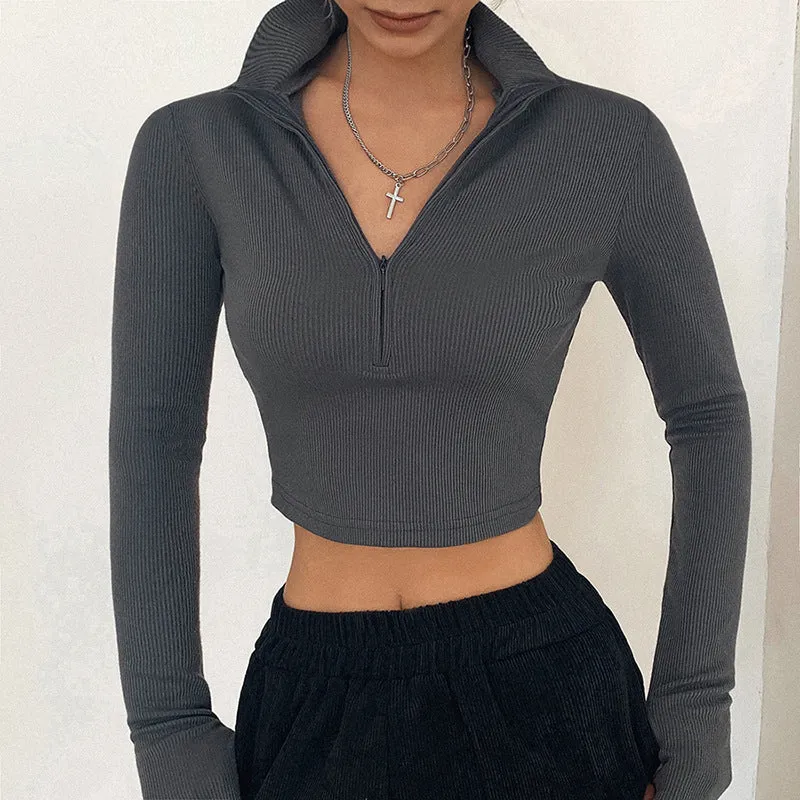 Solid Color Casual T-shirt Women Long Sleeves Turtleneck Crop Tops Sexy Simple Style Party Club Top