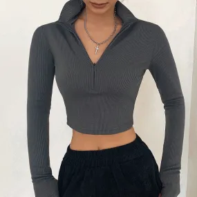 Solid Color Casual T-shirt Women Long Sleeves Turtleneck Crop Tops Sexy Simple Style Party Club Top