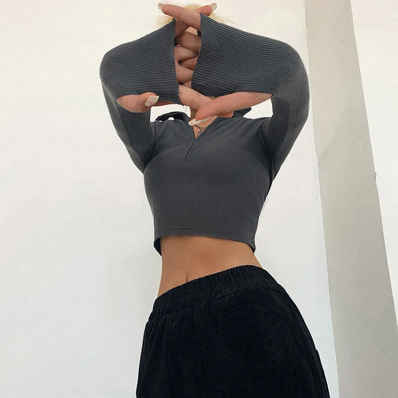 Solid Color Casual T-shirt Women Long Sleeves Turtleneck Crop Tops Sexy Simple Style Party Club Top