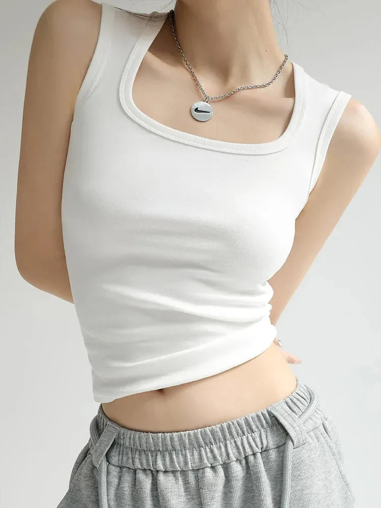 Solid U Neck Ribbed Crop Top