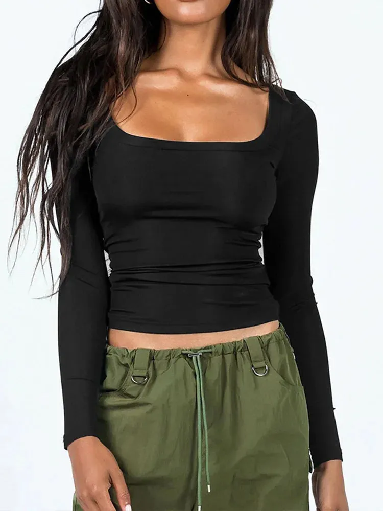 Square Neck Solid Color Casual Crop Top