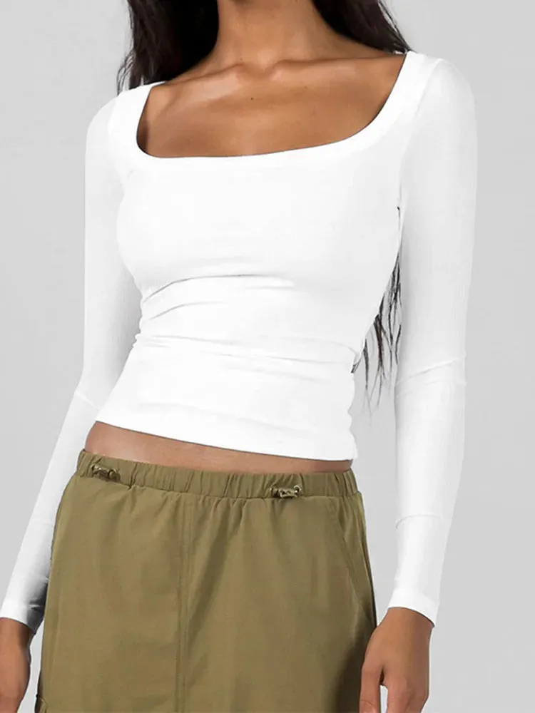 Square Neck Solid Color Casual Crop Top