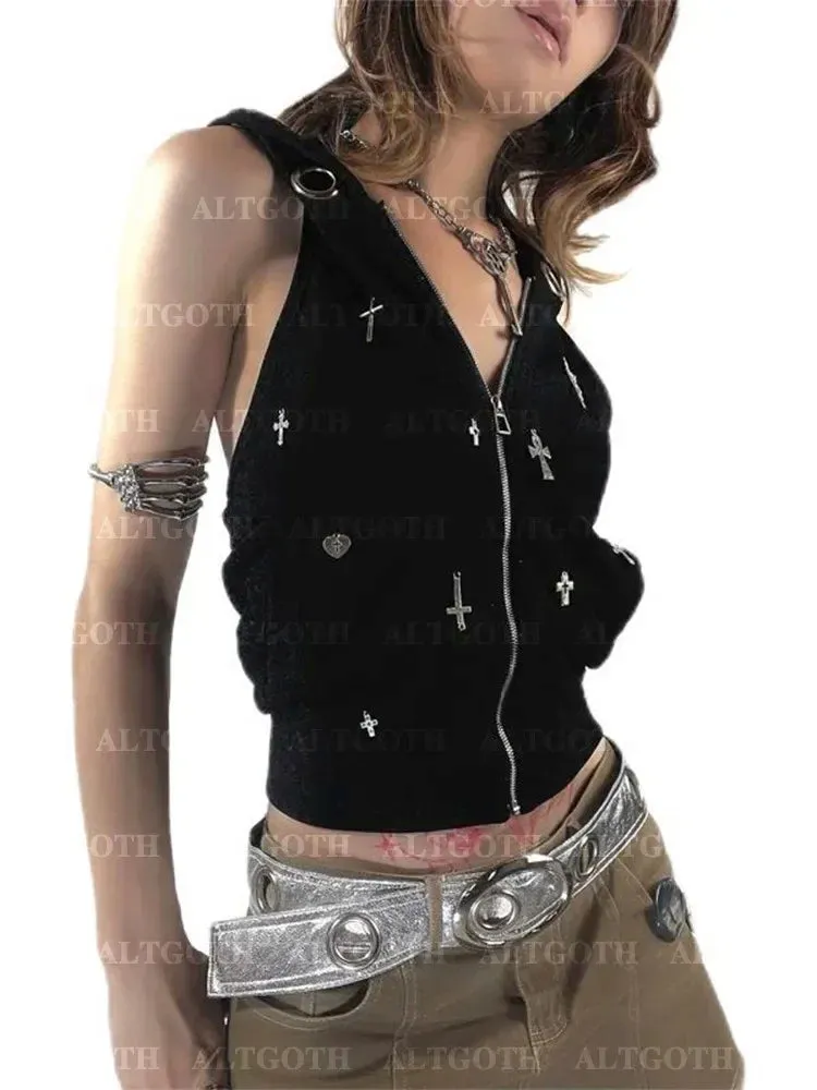 Streetwear Hooded Crop Gothic Grunge Cross Dark Vest Alt Cyberpunk Top