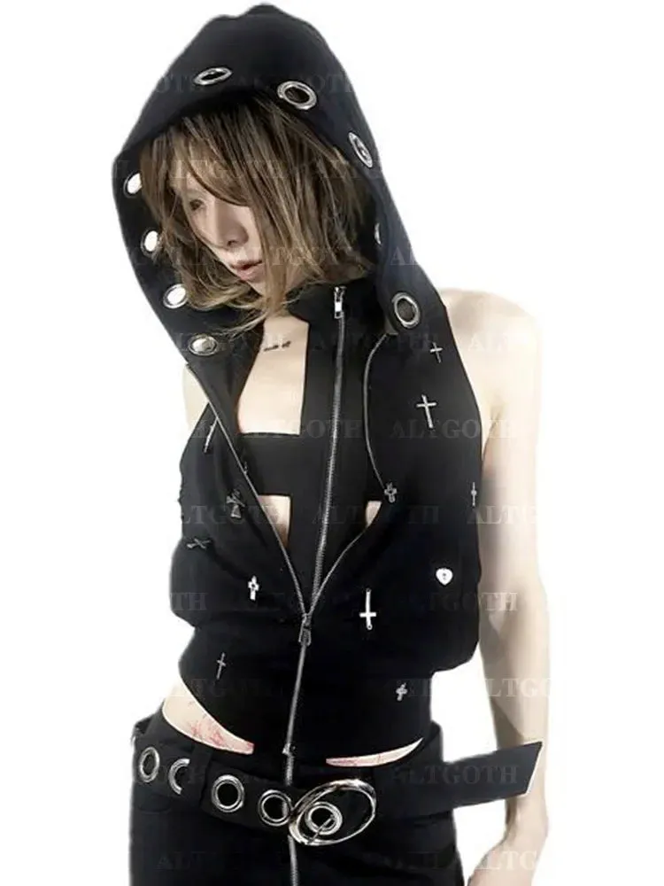 Streetwear Hooded Crop Gothic Grunge Cross Dark Vest Alt Cyberpunk Top