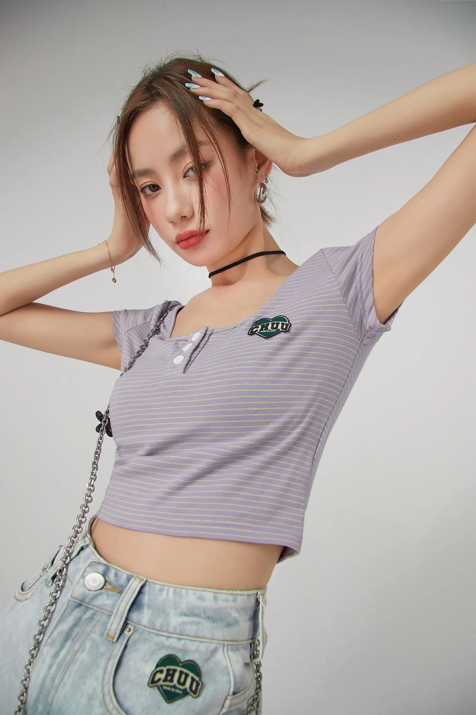 Stripe Front Button Crop Top