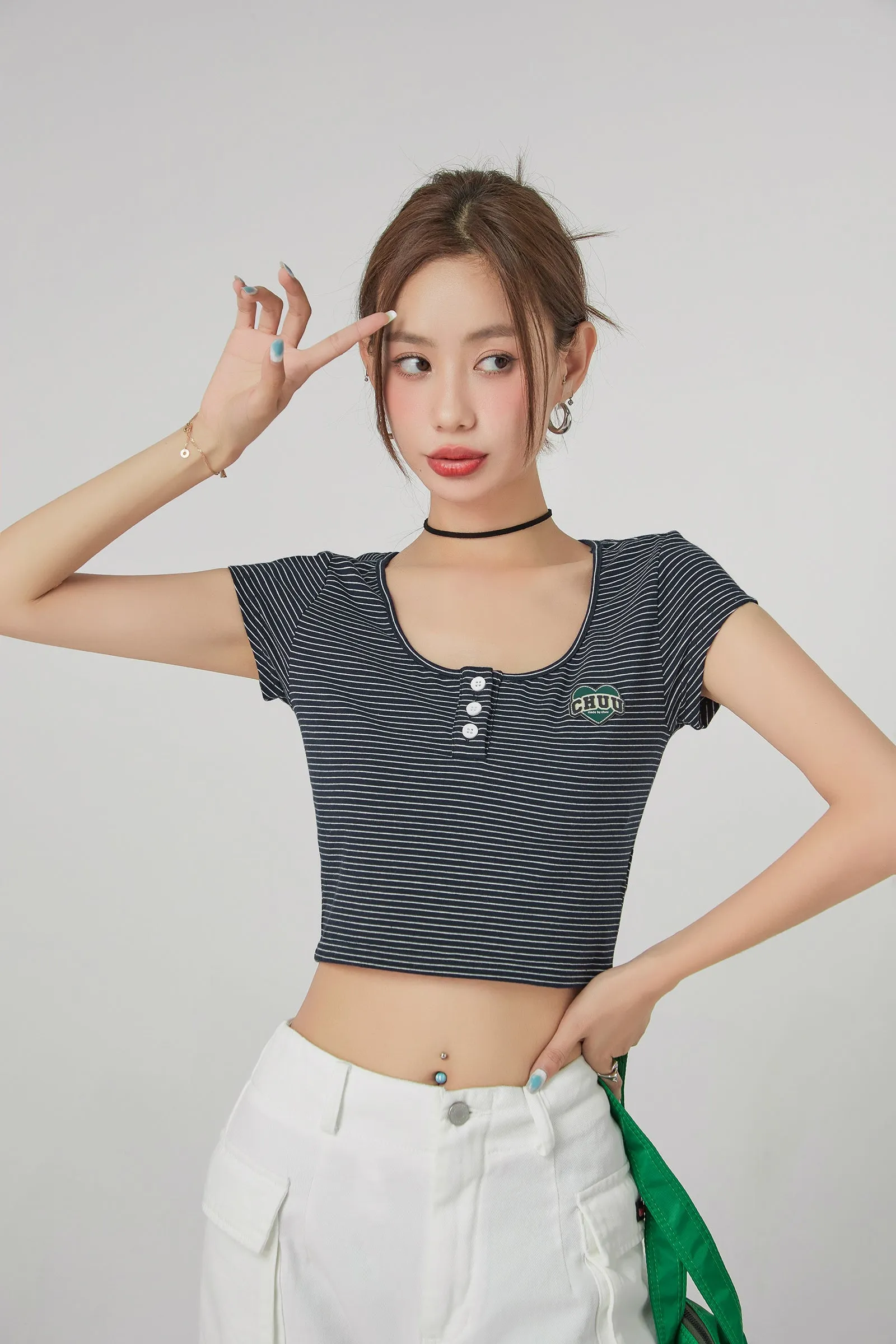 Stripe Front Button Crop Top