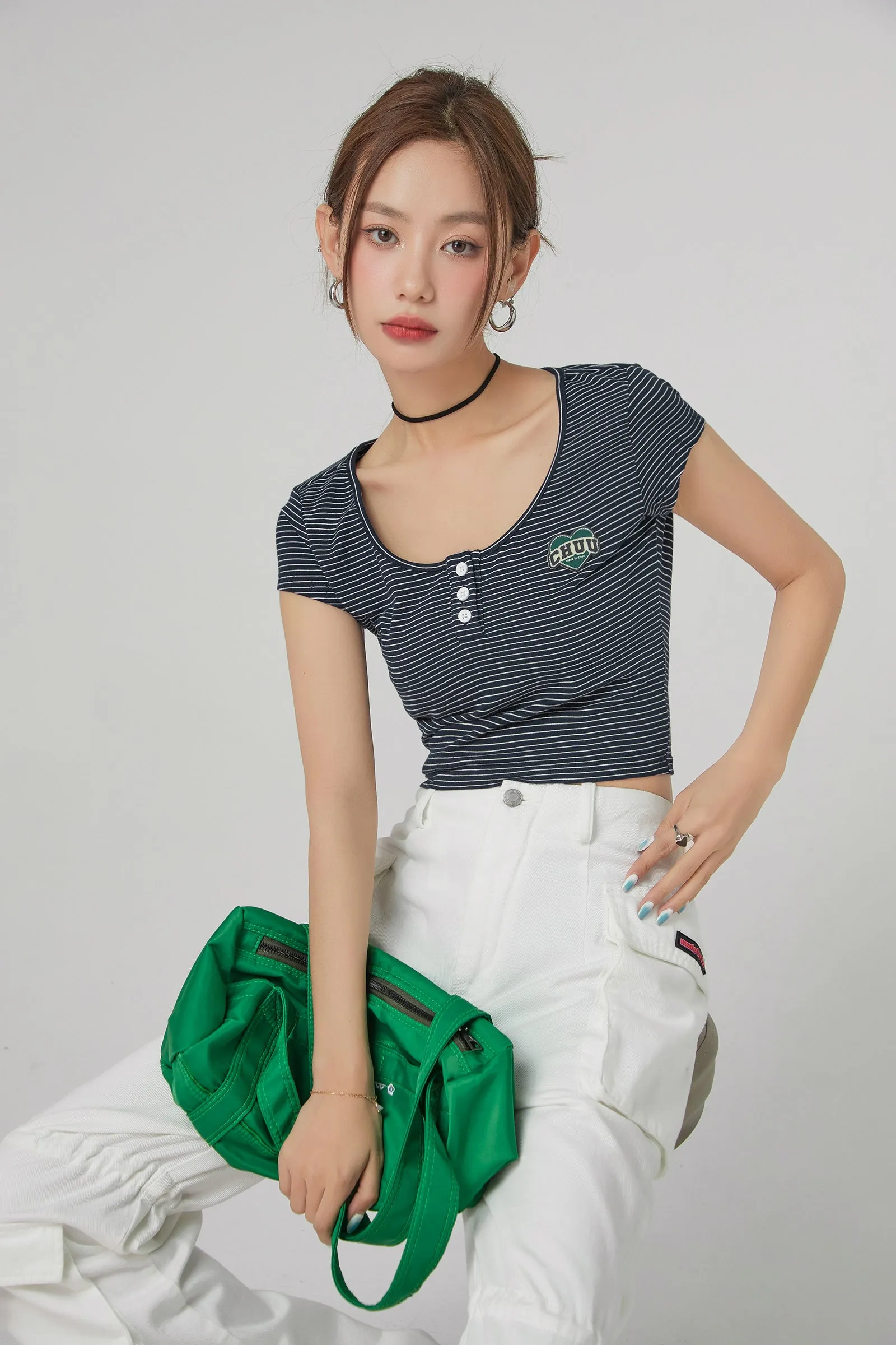 Stripe Front Button Crop Top