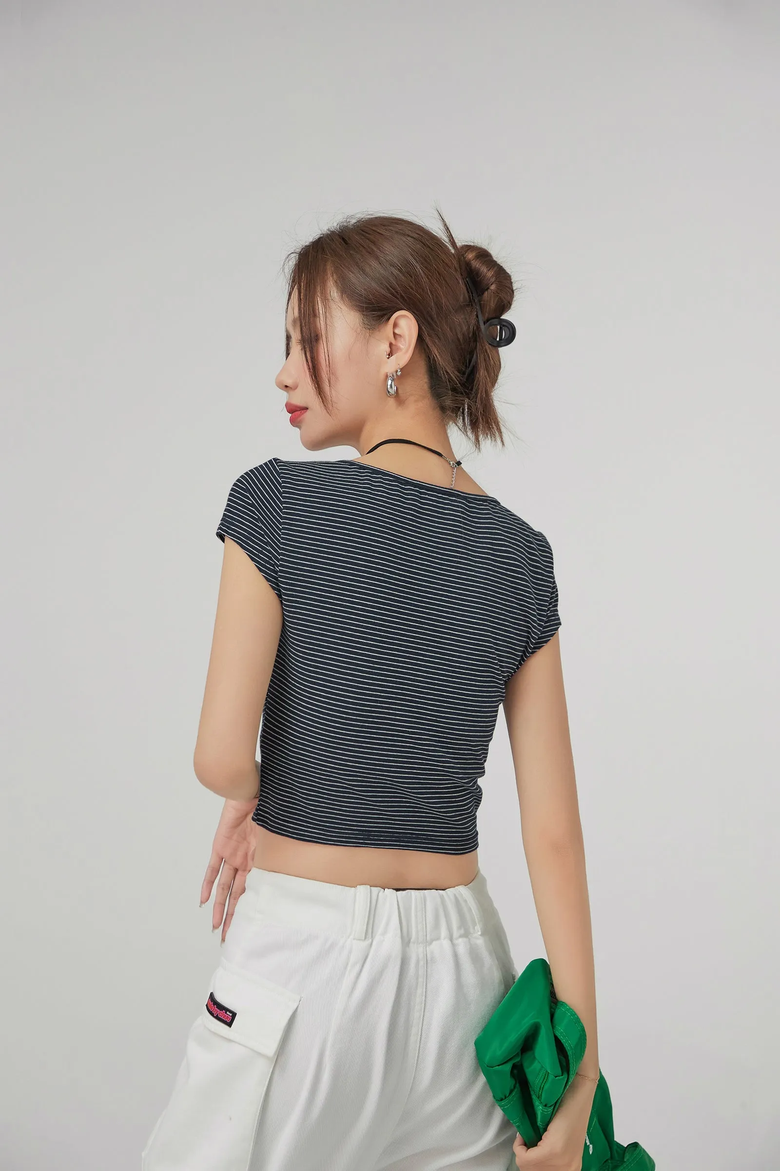 Stripe Front Button Crop Top