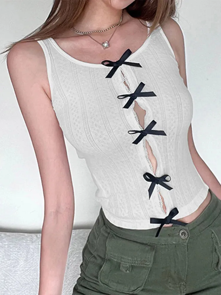 Sweet White Skinny Sleeveless Lace Spliced Split Cute Bow Crop Top