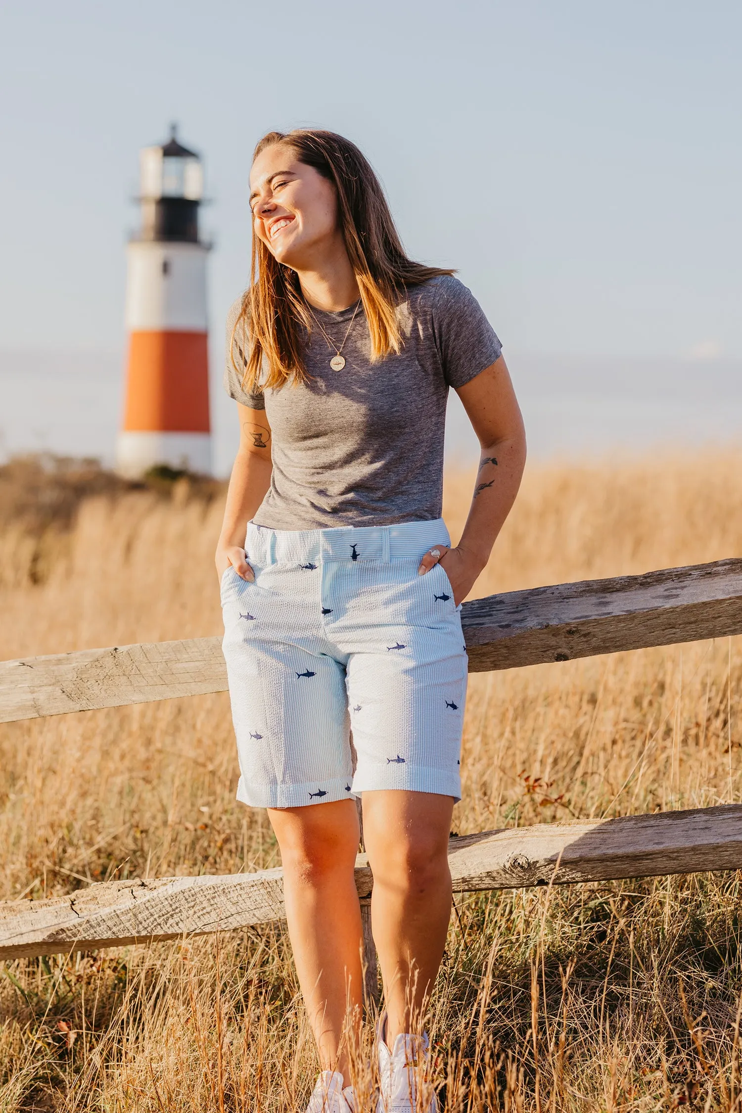 Turquoise and White Seersucker Women's Bermuda Shorts with Navy Embroidered Sharks