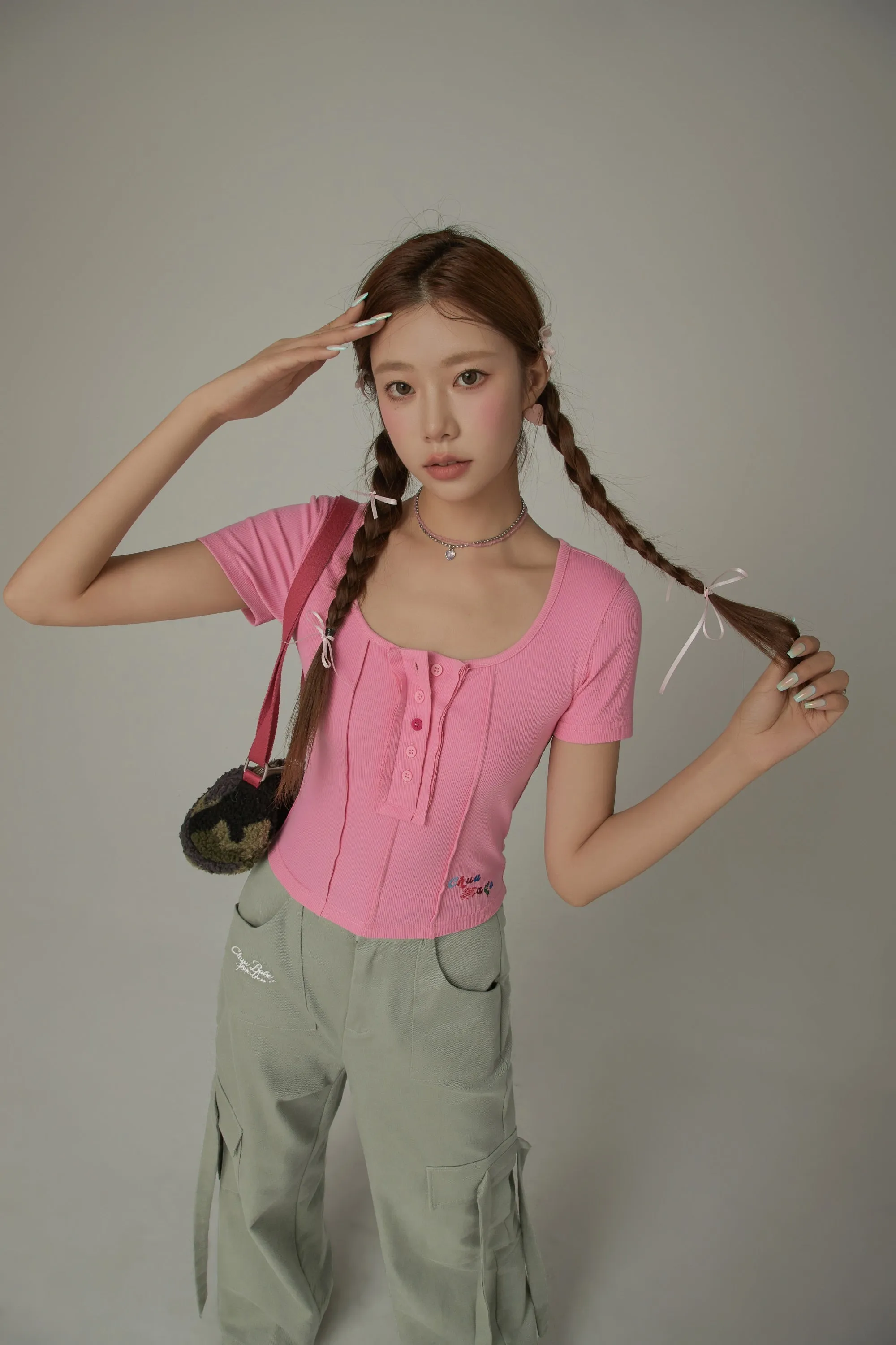 U-Neck Half Button Top