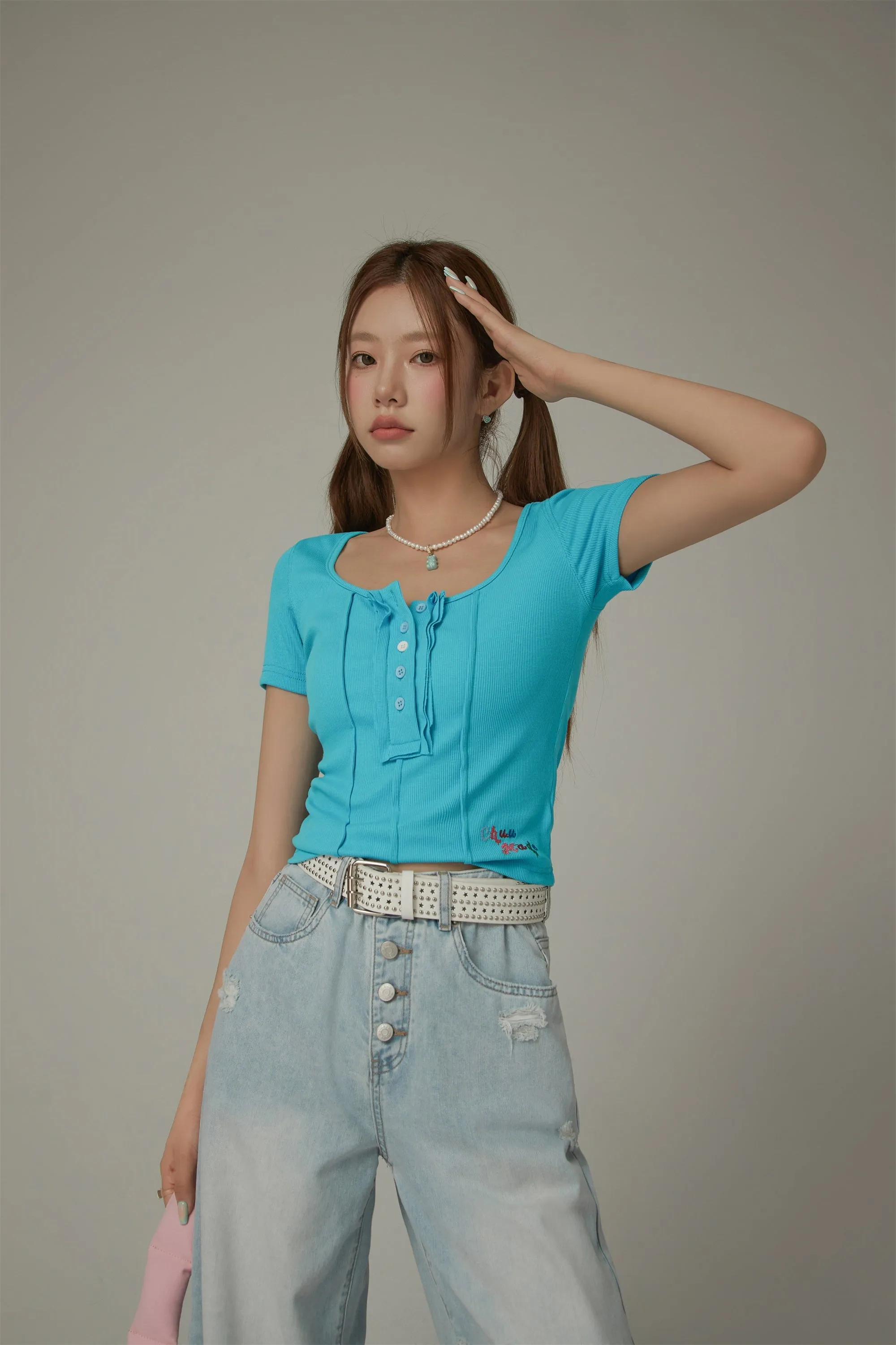 U-Neck Half Button Top