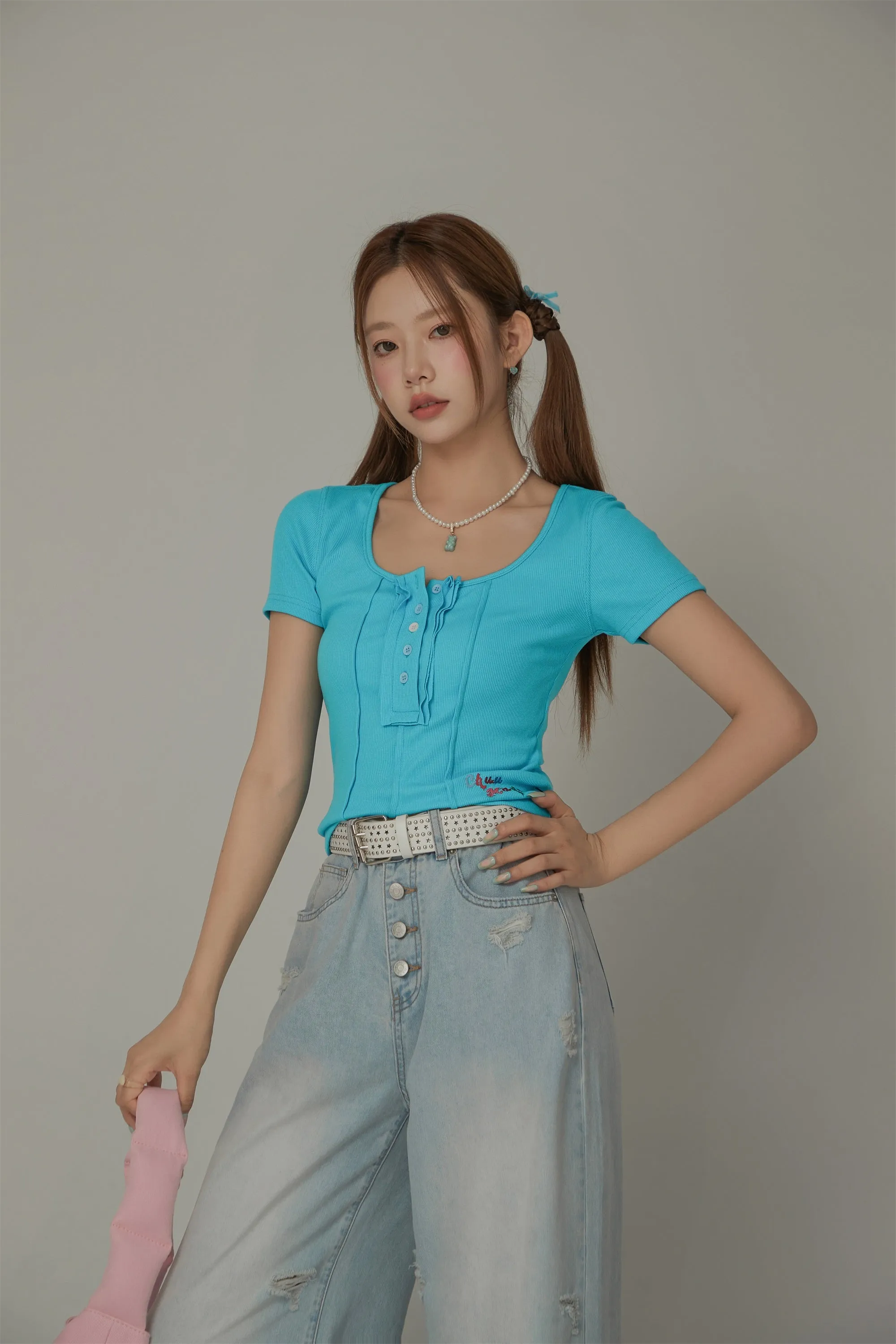 U-Neck Half Button Top