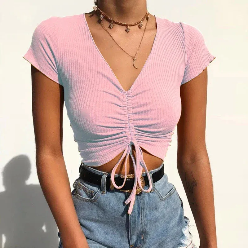 V Neck Tie Up Ribbed Crop Top