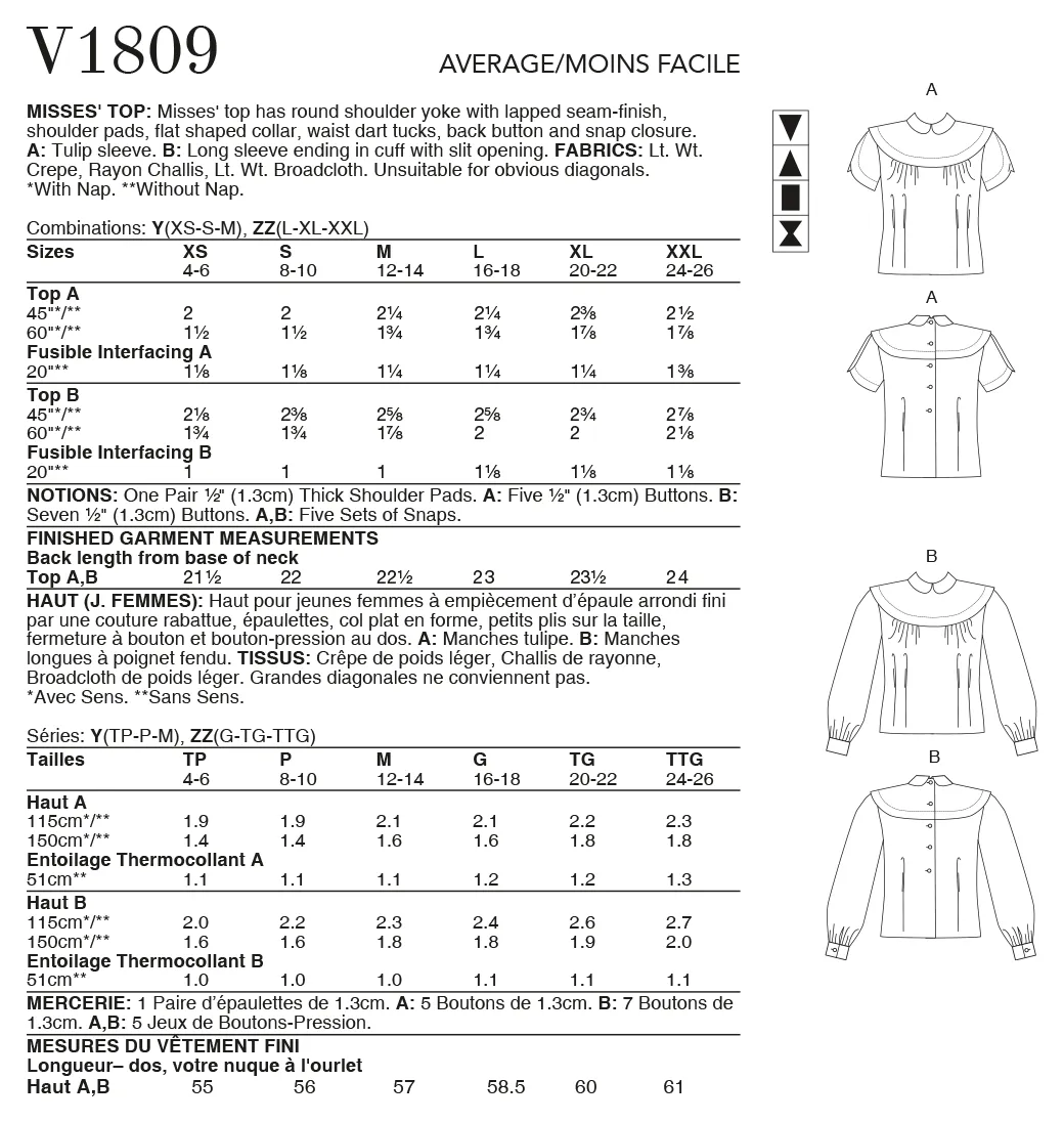 Voguepattern V1809  Misses' Tops