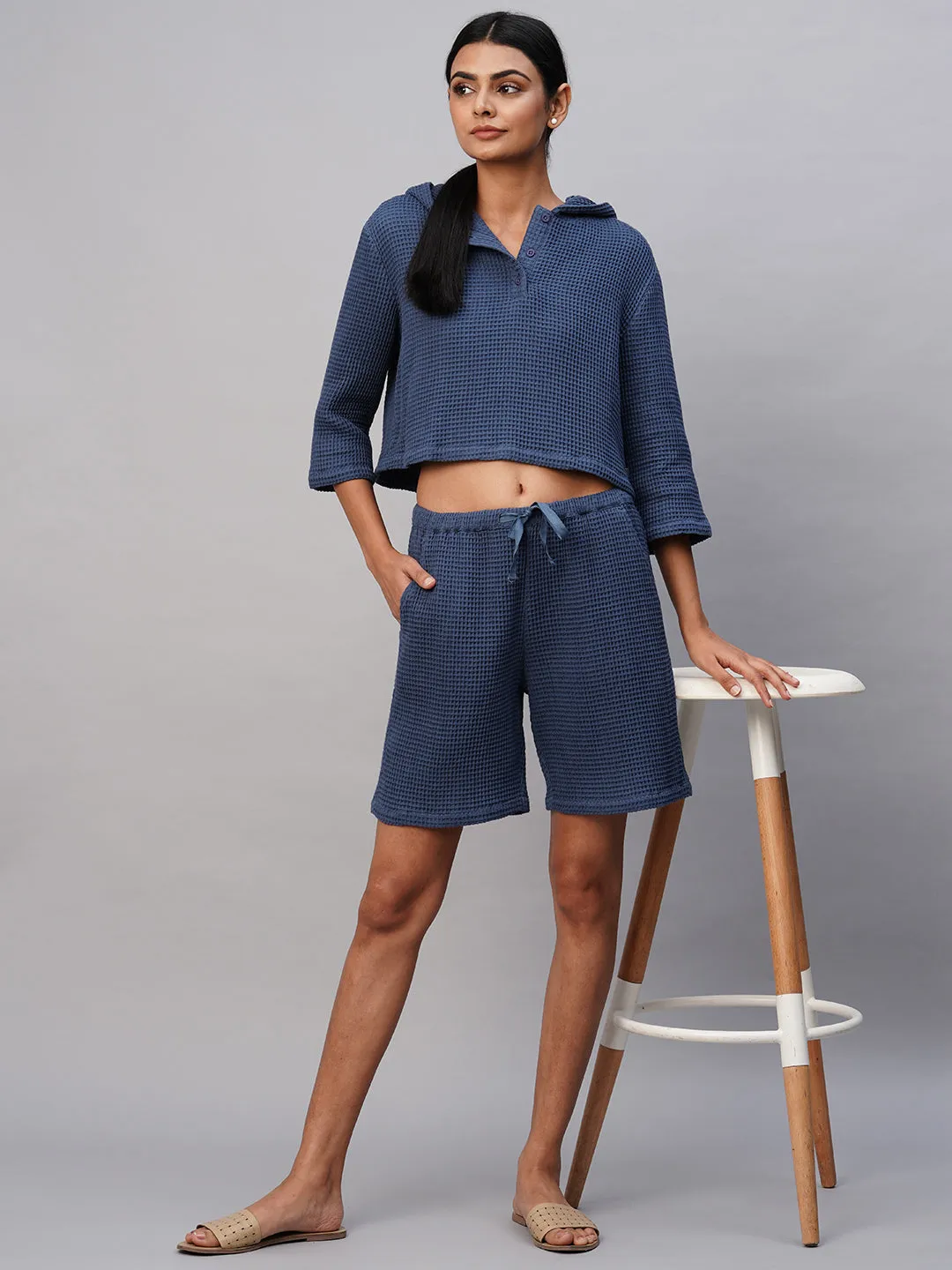 Waffle Knit Hooded Cropped Henley & Bermuda Shorts Set