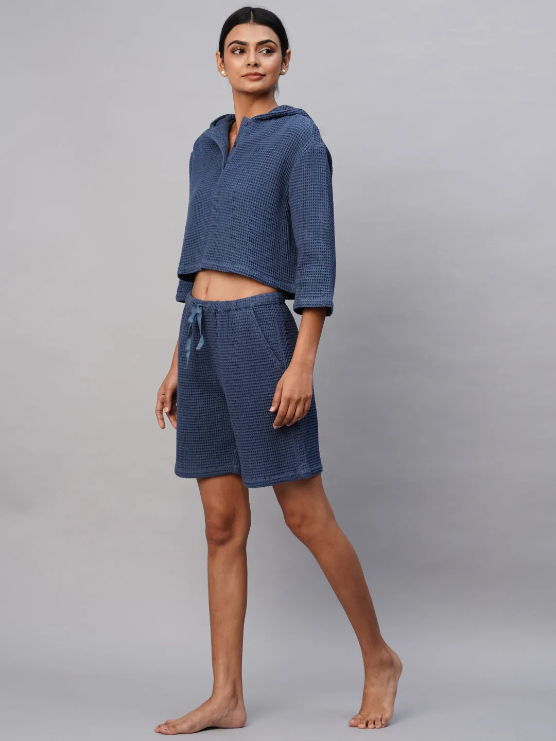 Waffle Knit Hooded Cropped Henley & Bermuda Shorts Set