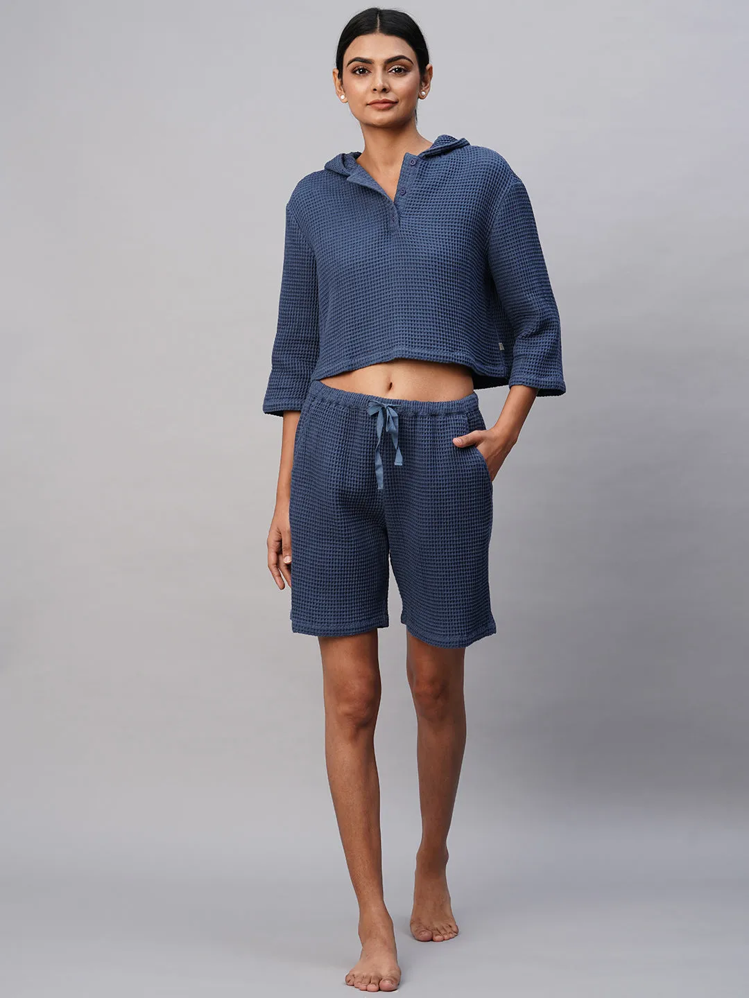 Waffle Knit Hooded Cropped Henley & Bermuda Shorts Set