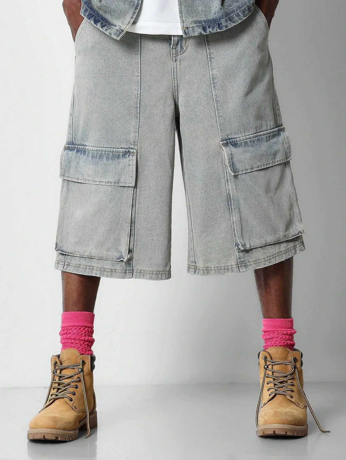 Washed Denim Bermuda Short With Cargo Pockets