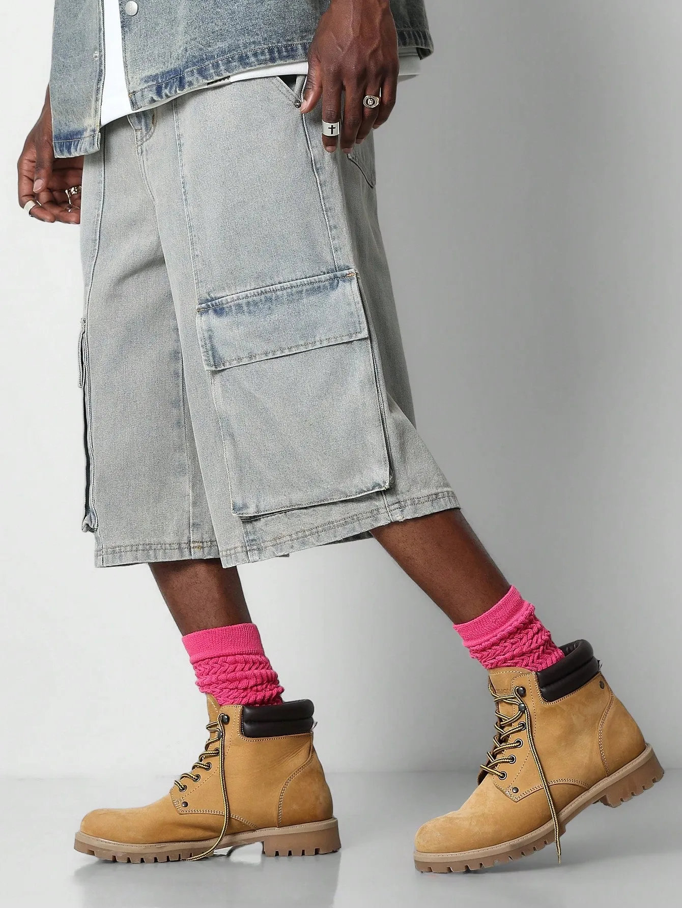 Washed Denim Bermuda Short With Cargo Pockets