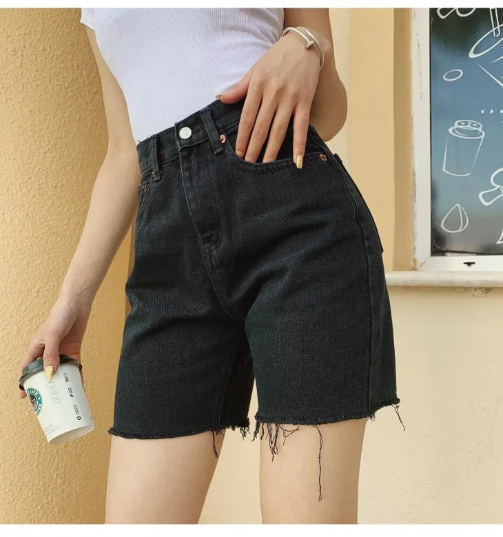 Wjczt High Waist Slim Denim Shorts Bermuda Plus Size Woman New Fashion Tassel Tight Five-point Denim Shorts Washed Sexy Female summer