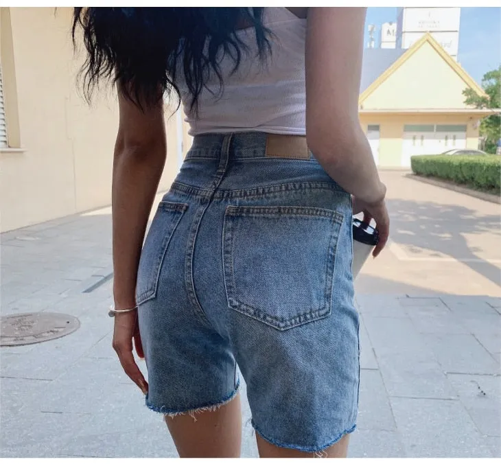 Wjczt High Waist Slim Denim Shorts Bermuda Plus Size Woman New Fashion Tassel Tight Five-point Denim Shorts Washed Sexy Female summer