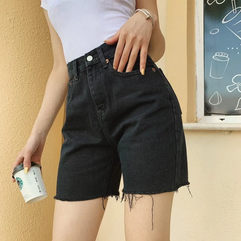 Wjczt High Waist Slim Denim Shorts Bermuda Plus Size Woman New Fashion Tassel Tight Five-point Denim Shorts Washed Sexy Female summer