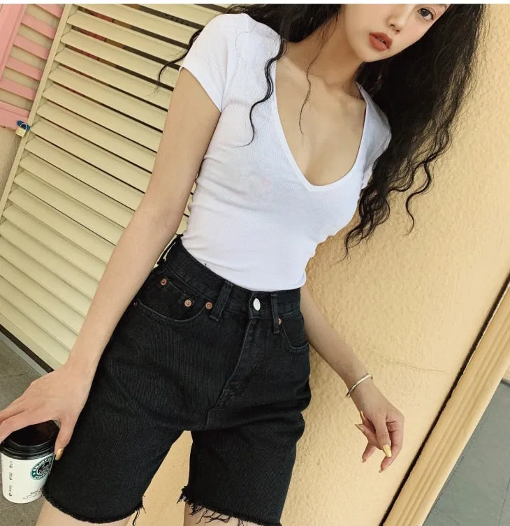 Wjczt High Waist Slim Denim Shorts Bermuda Plus Size Woman New Fashion Tassel Tight Five-point Denim Shorts Washed Sexy Female summer