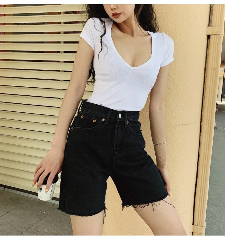 Wjczt High Waist Slim Denim Shorts Bermuda Plus Size Woman New Fashion Tassel Tight Five-point Denim Shorts Washed Sexy Female summer