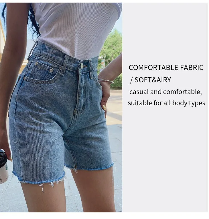 Wjczt High Waist Slim Denim Shorts Bermuda Plus Size Woman New Fashion Tassel Tight Five-point Denim Shorts Washed Sexy Female summer