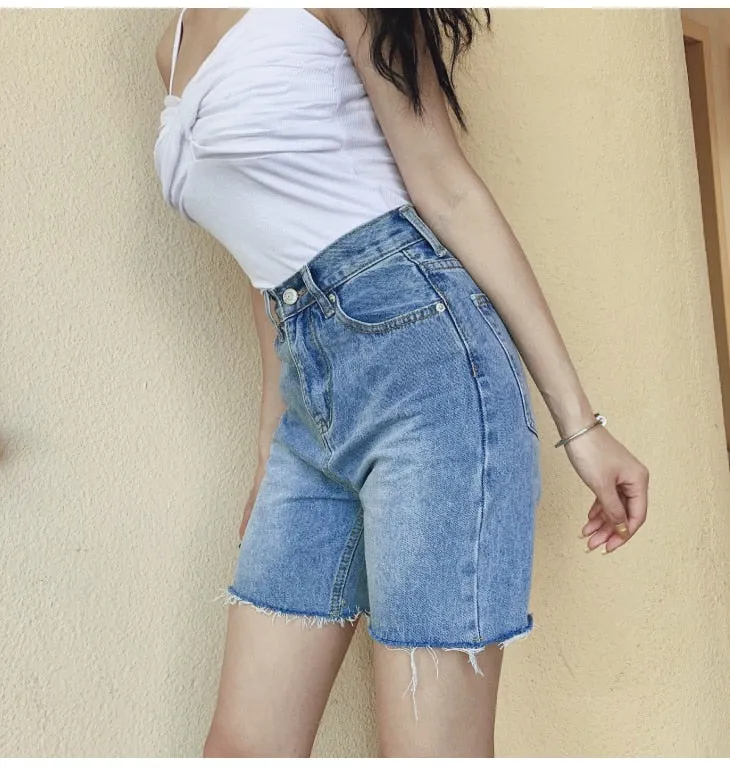 Wjczt High Waist Slim Denim Shorts Bermuda Plus Size Woman New Fashion Tassel Tight Five-point Denim Shorts Washed Sexy Female summer