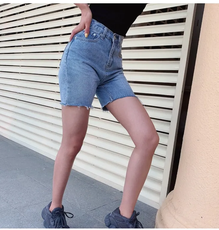 Wjczt High Waist Slim Denim Shorts Bermuda Plus Size Woman New Fashion Tassel Tight Five-point Denim Shorts Washed Sexy Female summer