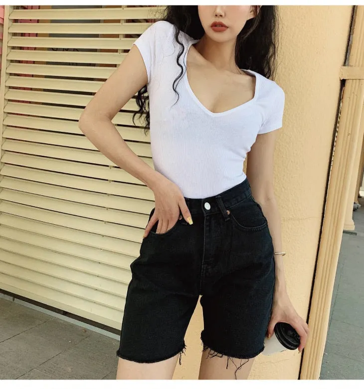 Wjczt High Waist Slim Denim Shorts Bermuda Plus Size Woman New Fashion Tassel Tight Five-point Denim Shorts Washed Sexy Female summer