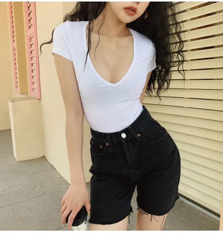 Wjczt High Waist Slim Denim Shorts Bermuda Plus Size Woman New Fashion Tassel Tight Five-point Denim Shorts Washed Sexy Female summer