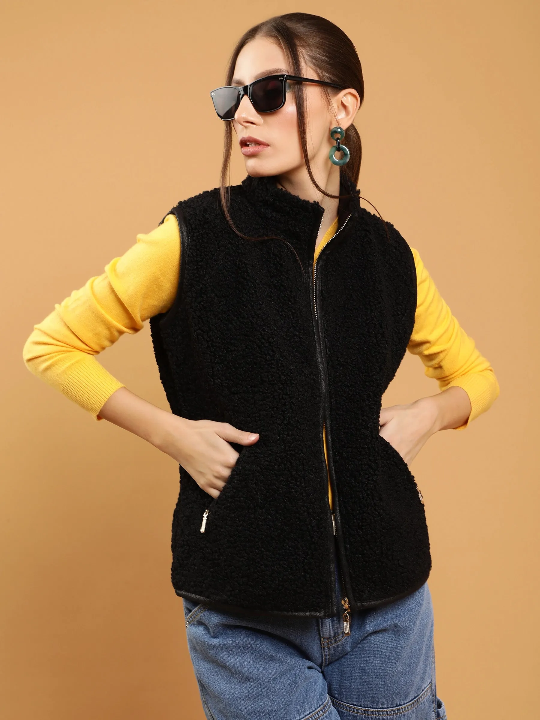 Women Black High Neck Polar Fleece Slim Fit Zipper Jacket